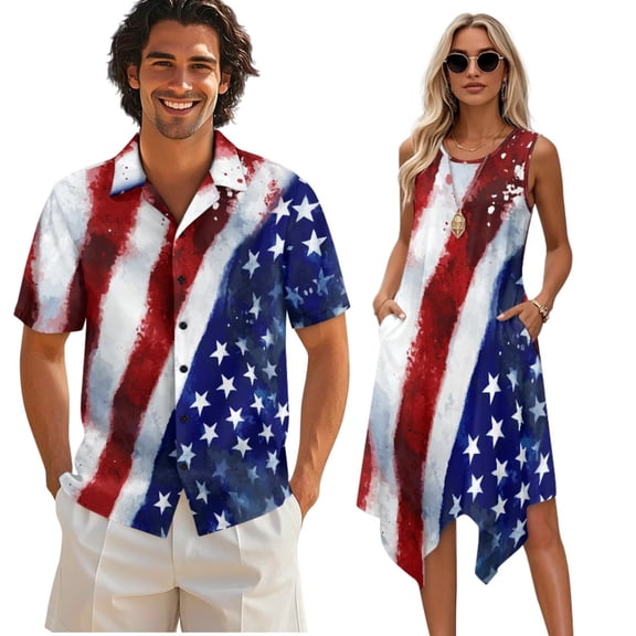 Psesaysky American Flag Men’s Button Down Shirts,Women’s Flared Mini Dress Sleeveless Sundress for Summer Beach Patriotic Couple Matching Outfit for 4th of July