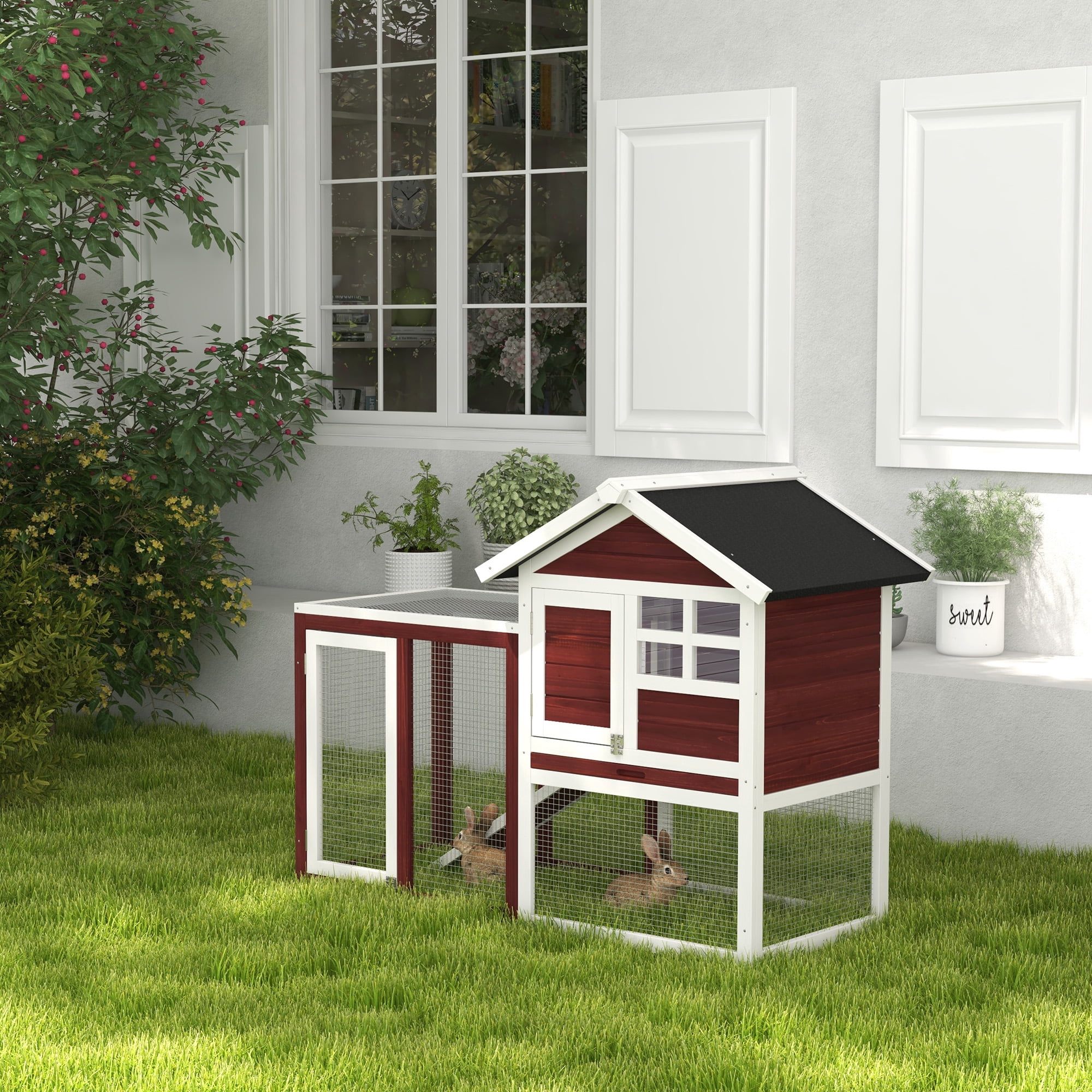 48" Wooden Rabbit Hutch Bunny Cage with Waterproof Asphalt Roof, Fun Outdoor Run, Removable Tray and Ramp, Brown