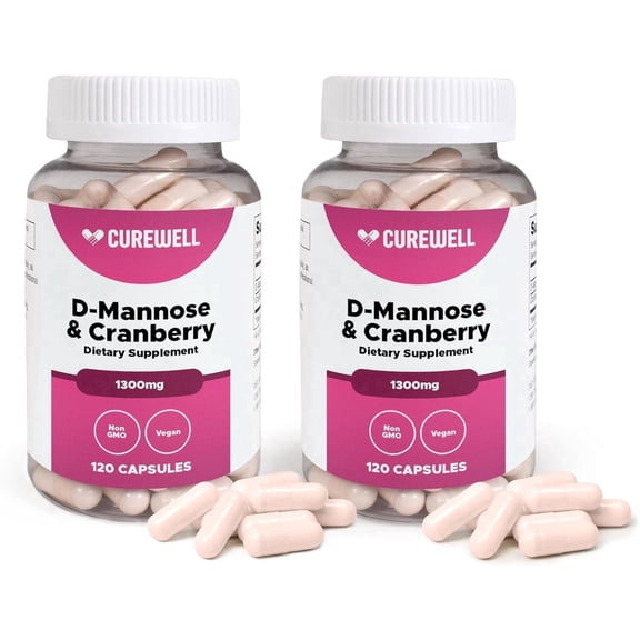 CUREWELL D-Mannose & Cranberry 1300mg (120 Capsules) | Vegan & Non-GMO Urinary Tract Health Supplement | UTI Defense & Bladder Support | Natural Urinary Cleanse & Immune Support | Pack of 2