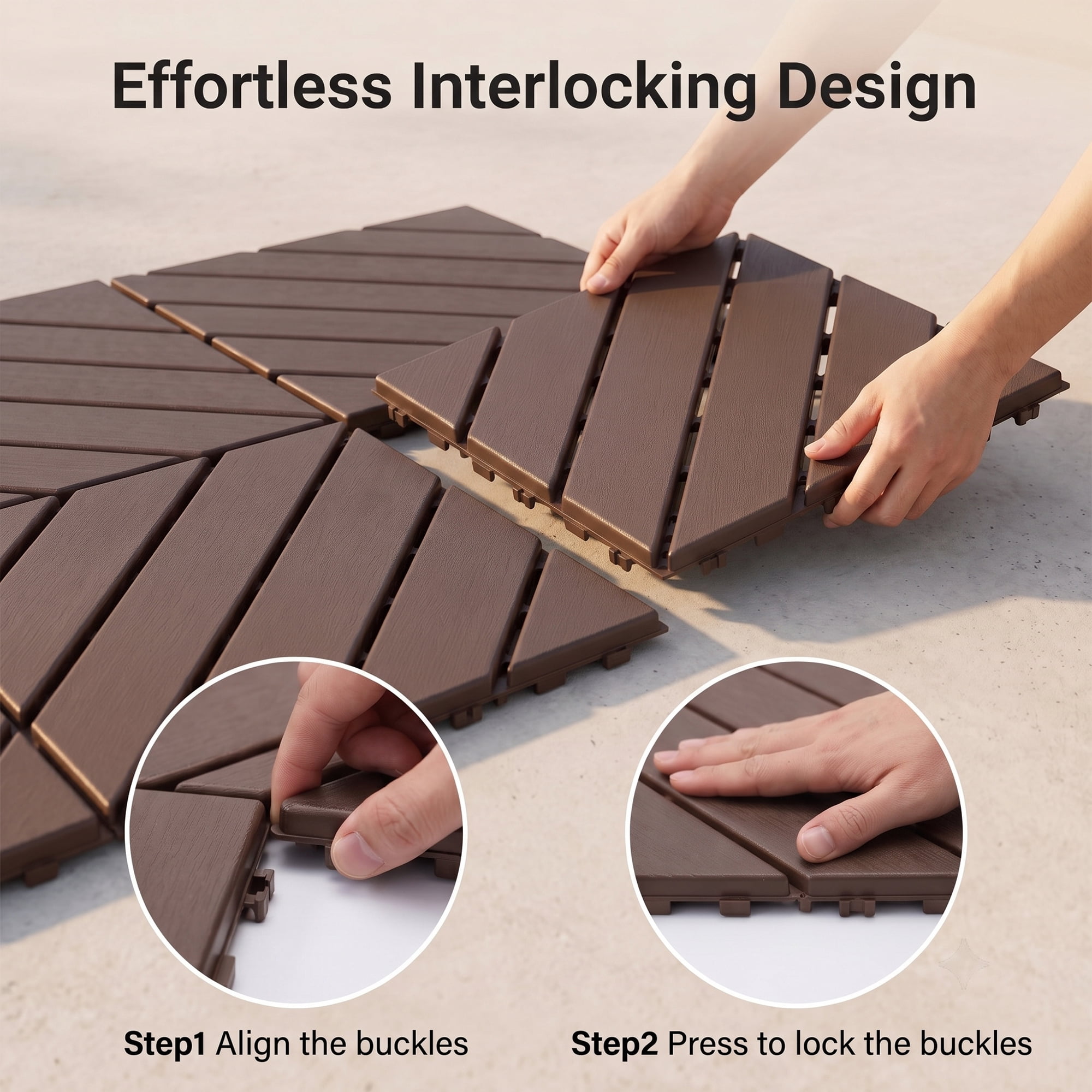 Interlocking Deck Tiles 44-Pack 12x12 Inch, Waterproof Patio Flooring and Snap Together Decking Tiles with Non-Slip Surface for Poolside Porch Garden, Brown