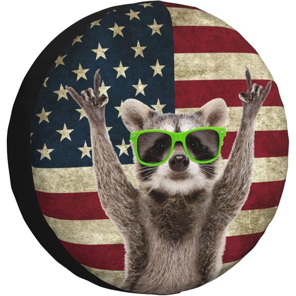 Spare Tire Cover for RV Camper Funny Cute Raccoon American Flag, Weatherproof Universal Wheel Cover for RV Travel Trailer Camper Truck 14 inch