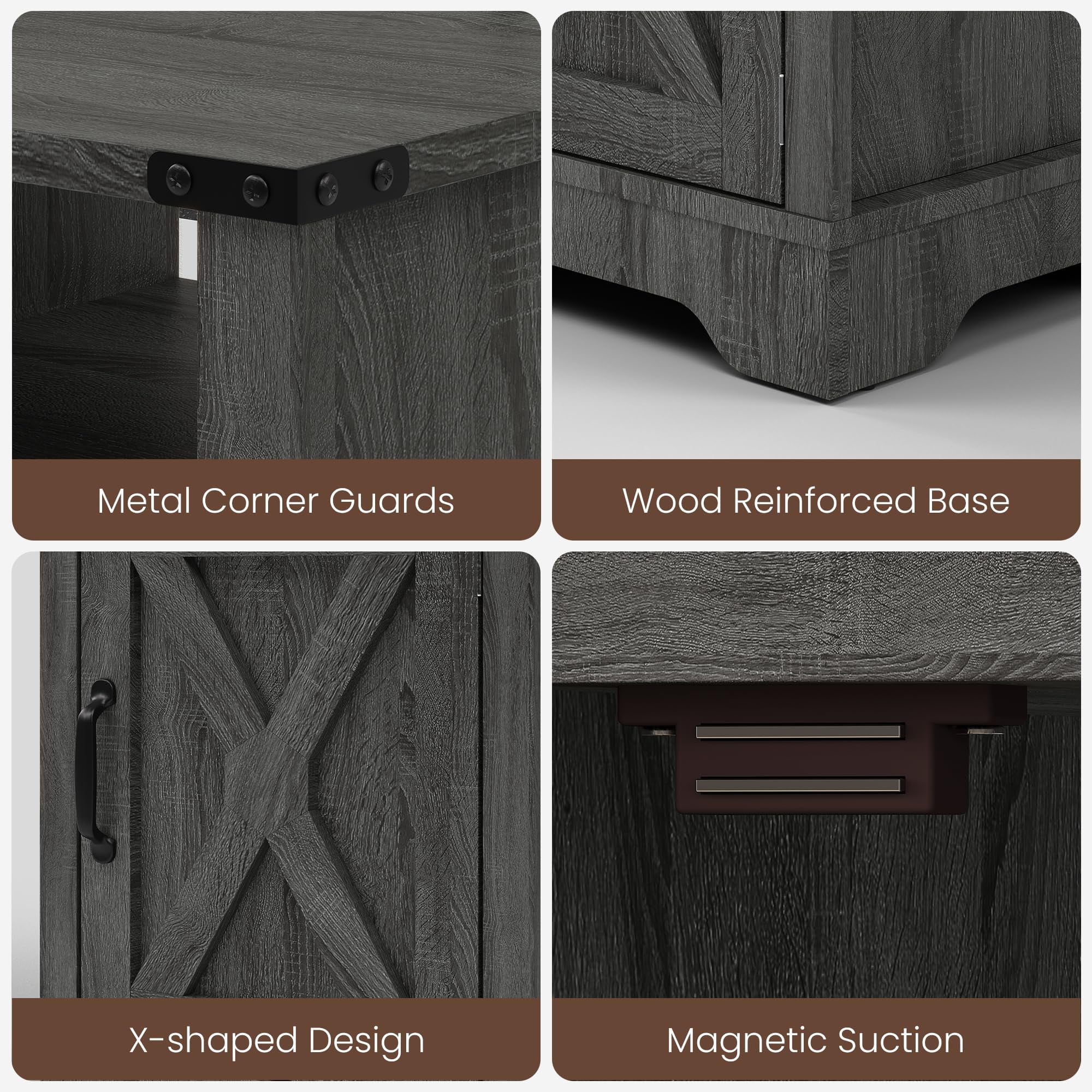 Mayincolor LED Nightstand with Charging Station, Farmhouse Wooden Side Table, Bedside Table with Storage Cabinet and Shelf, Rustic End Table for Bedroom, Living Room, Dark Gray