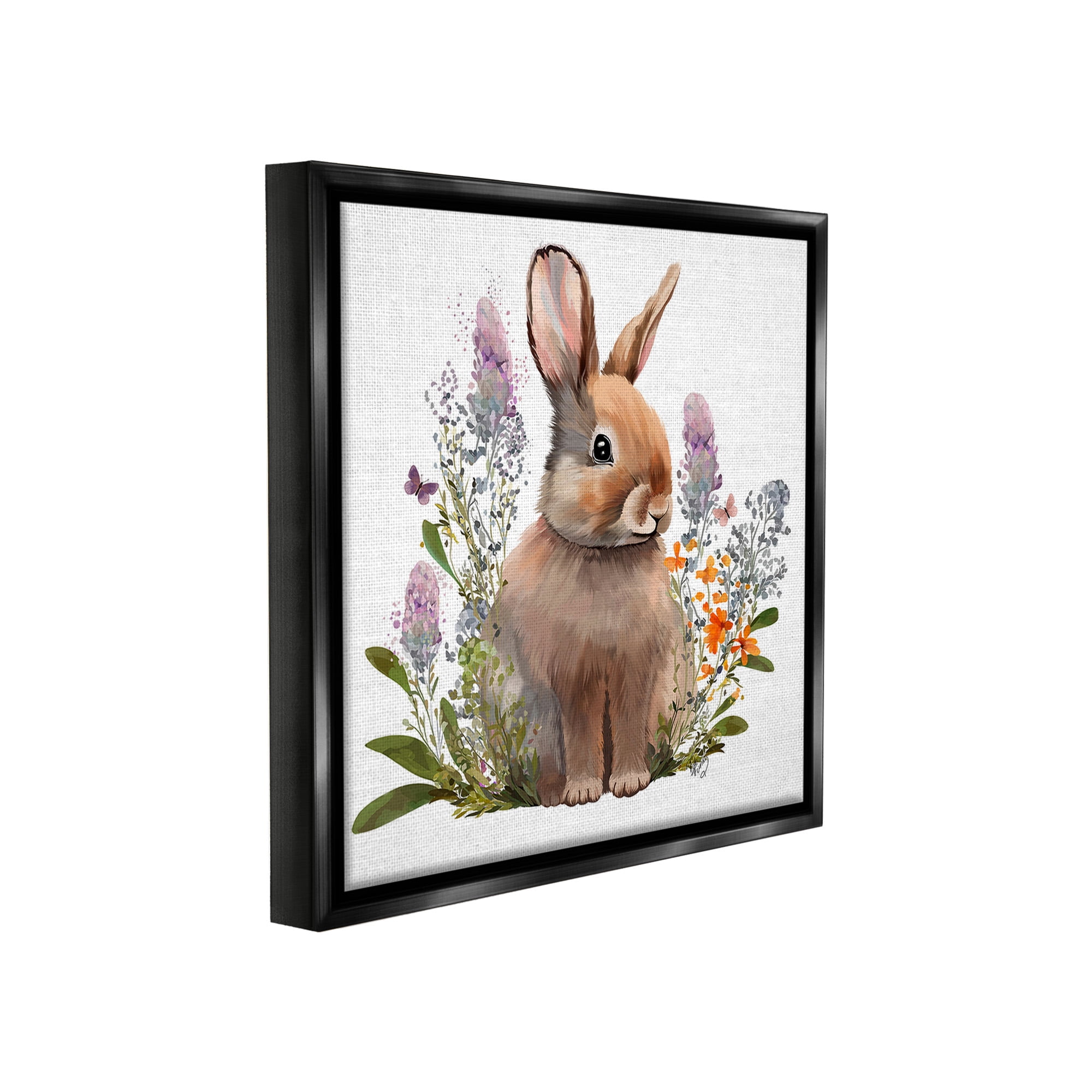 Stupell Industries Brown Bunny with Florals Animals & Insects Painting Black Floater Framed Canvas Art Print Wall Art, 18 x 18