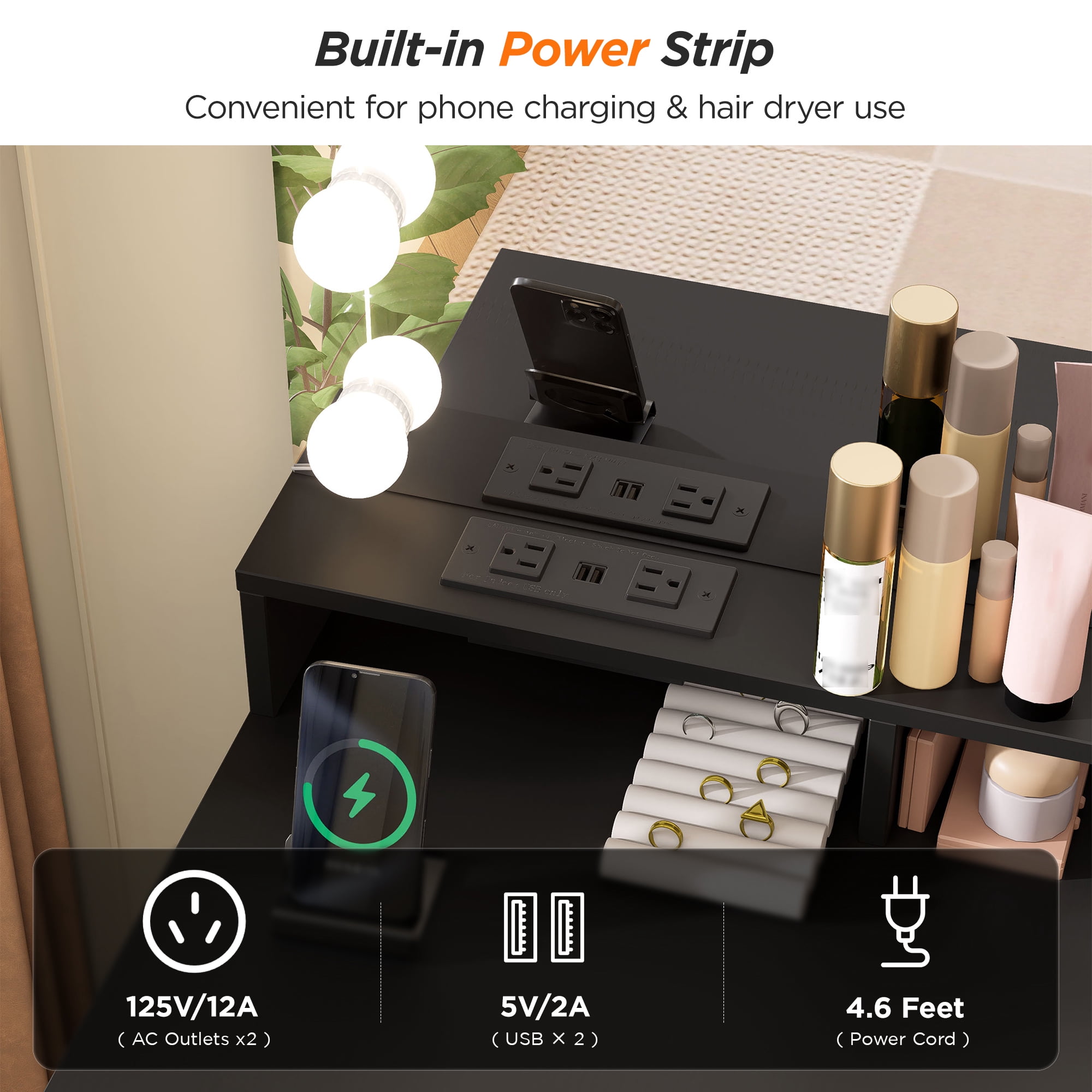 Black Vanity Set with Mirror and Lights, Modern Makeup Table with Charging Station