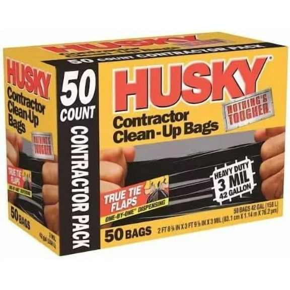 Husky Contractor Trash Bags, 42 Gallon, 3 Mil Heavy Duty, Black, 50 Count