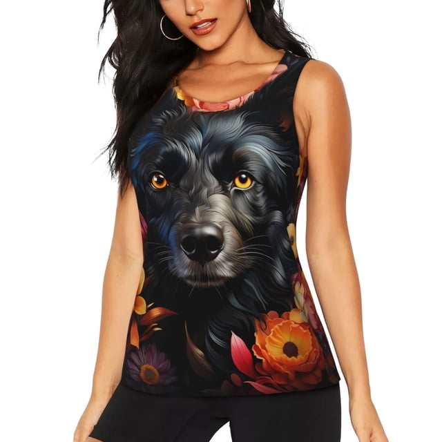 Fotbe Colorful Floral Black Dog Blusas Sin Mangas para Mujer – Estilo Casual, Corte Suelto, Slim-Fit, Cuello Redondo Deportivo, Tops de Verano para Gimnasio y Yoga-Small