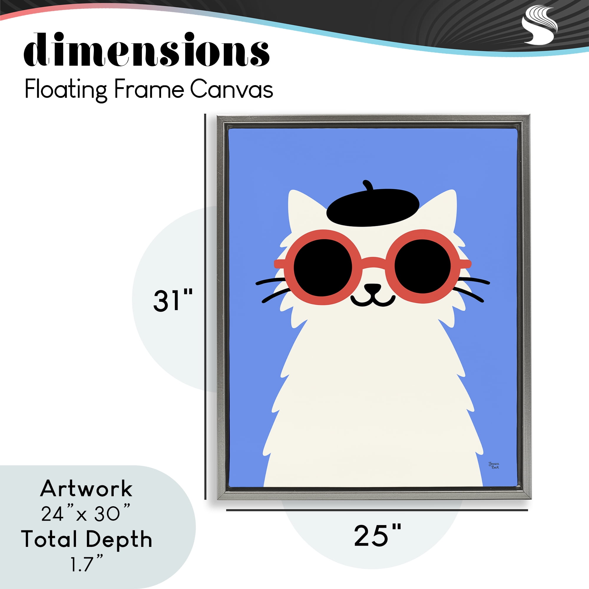 Stylish French Cat Gray Framed Floater Canvas Wall Art, design by Jessica Beck