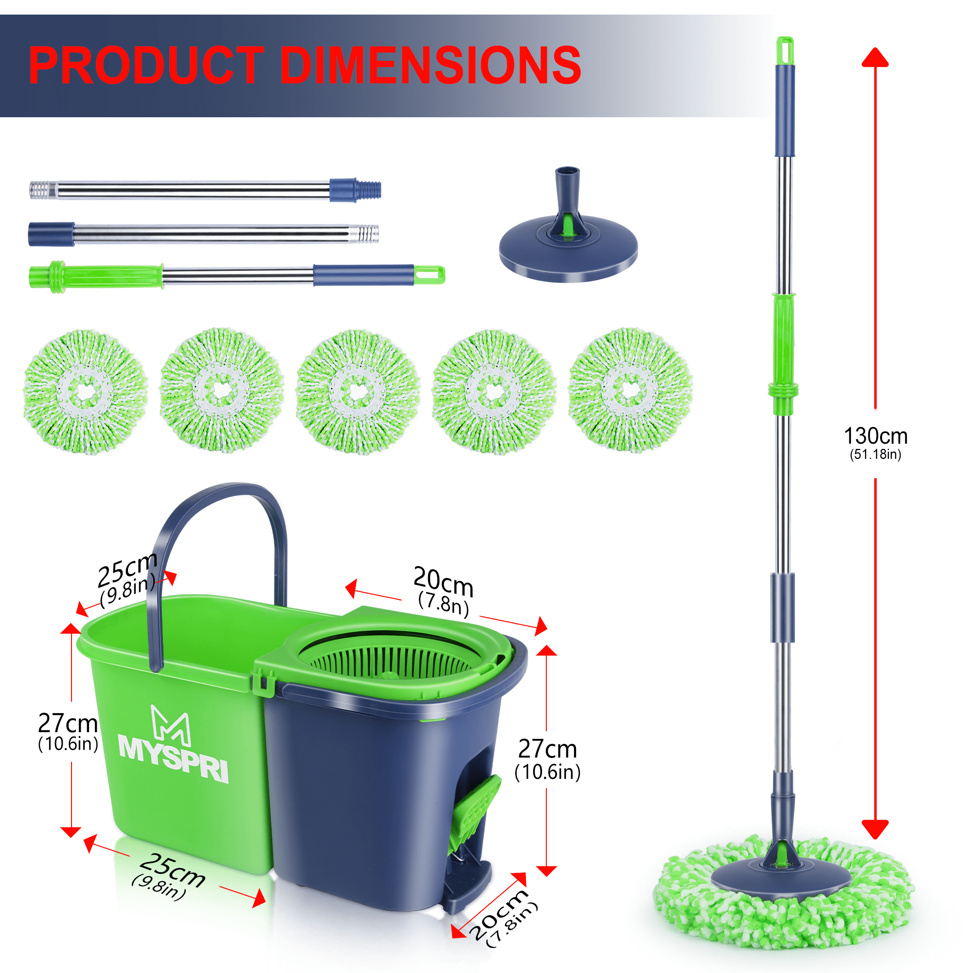 MYSPRI Spin Mop and Bucket, Double Bucket Design, 5 Microfiber