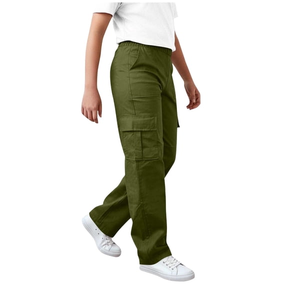 Crunowin Boys And Girls Cargo Pants, Straight Leg Style With Side Pockets Elastic Waist Solid Color Casual Loose Long Pants Army Green 14-15Years