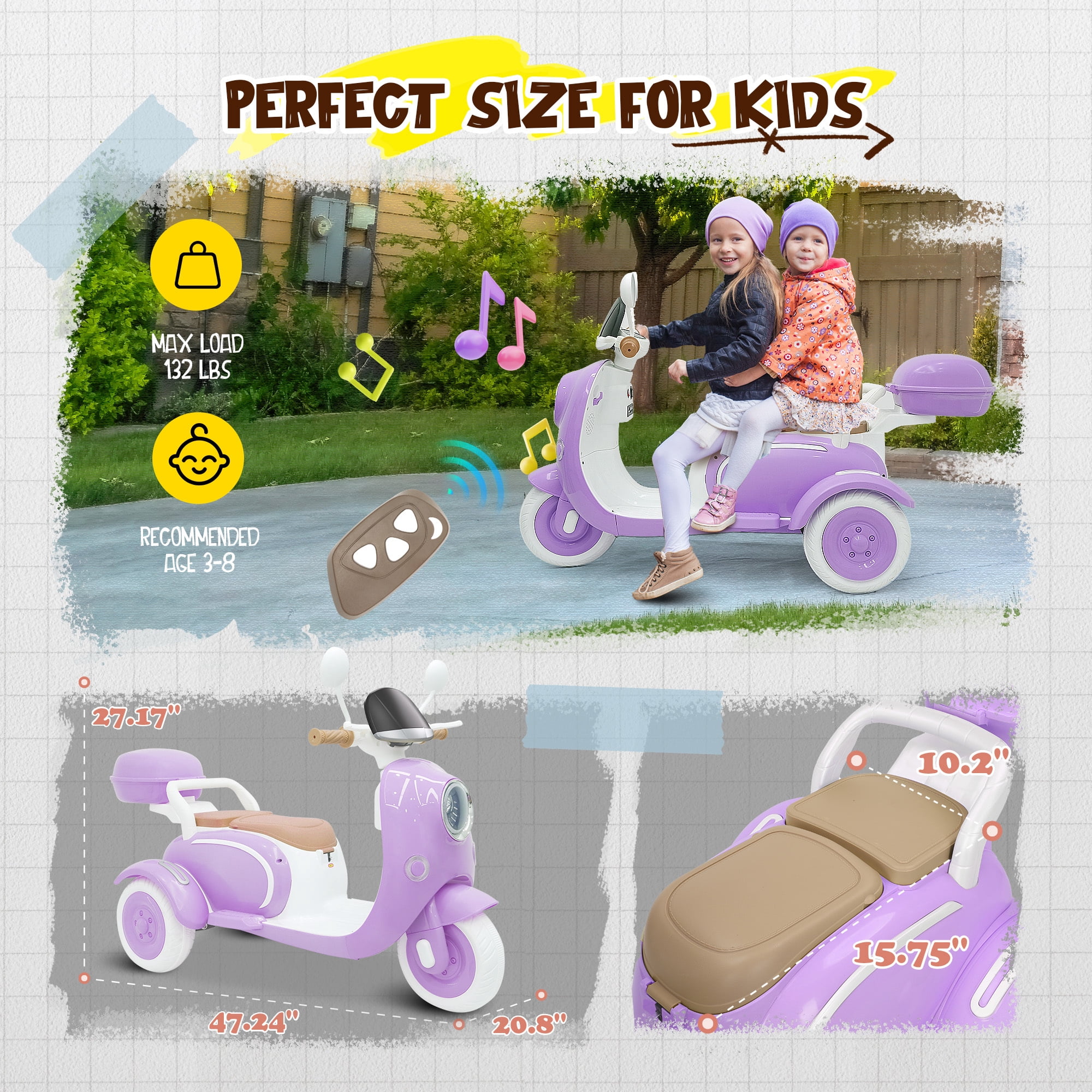 Letsgokid 2 Seater Electric Motorcycle, 12V Ride On Motorcycle with USB, Music, Bluetooth, Light, Big Storage Box, Motorcycle for Kids 3+