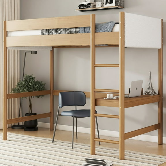 Twin Loft Bed, Desk, Boucle Upholstered Headboard & Footboard, Ladder & Guardrails, Natural Wood