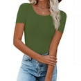 thumbnail image 2 of Lovskoo Summer Tops for Women 2024 Round Neck Short Sleeve Casual Solid Color Top Olive Green, 2 of 7