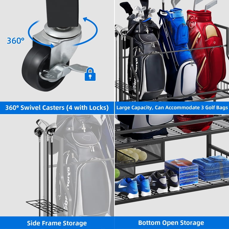 Dextrus Black Golf Bag Storage Rack with Wheels for 4 Bags, Garage