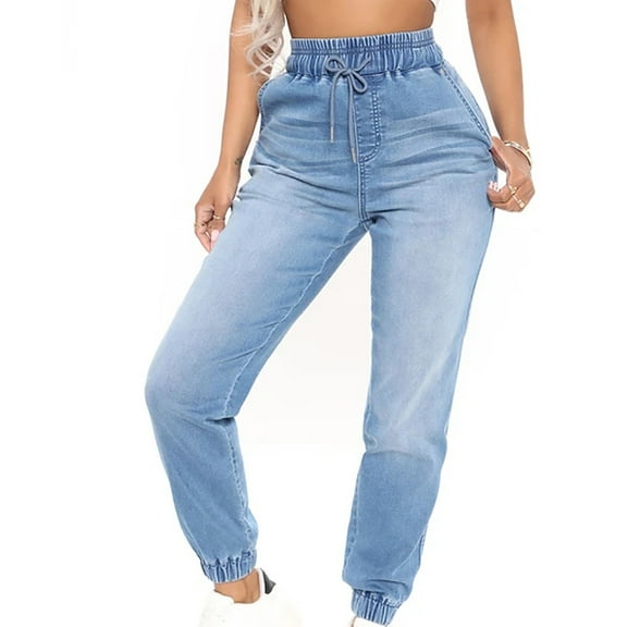 Ruimatai Women's Casual Jeans Women Drawstring Elastic High Waist Jogger Jean Loose Comfortable Denim Pants