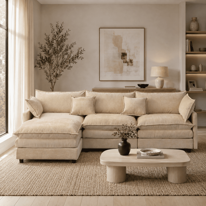105" Modular Sectional Couch, 3-Seater Soft Chenille L-Shaped Sofa with Ottoman, Upholstery Sofa Couch with Pocket Coil & High-Density Foam for Living Room