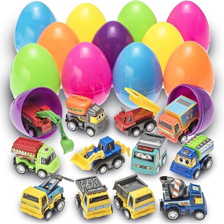 Atiger Toy Pull Back Car Engineering Vehicles Filled Eggs for Kids Toddlers, 12 Pack Easter Eggs with Toys Inside, Birthday Party Favors for Boys Girls Over 3