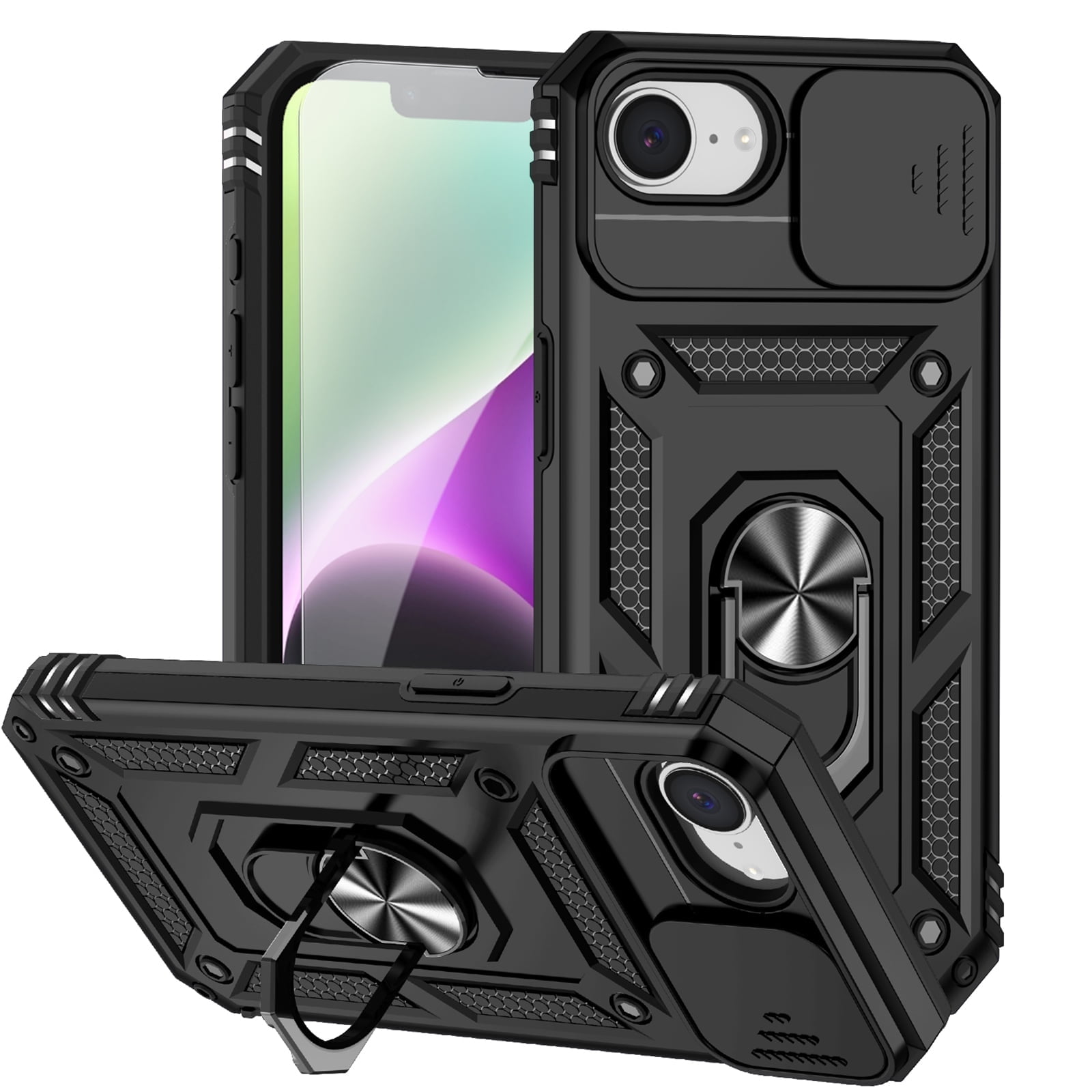Case with Tempered Glass Screen Protector for iPhone 16e / iPhone 17e ,Shockproof TPU+PC with Slide Camera Cover Built-in 360° Rotate Ring Kickstand Magnetic Shockproof Back Cover,Red