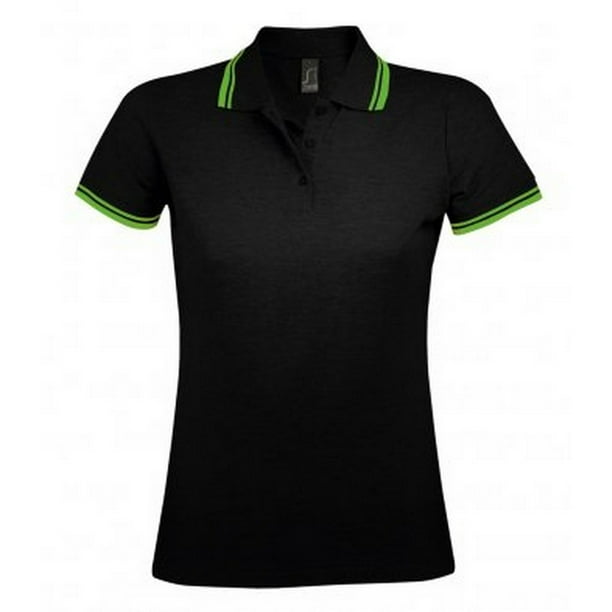 SOLS - Polo piqué de manga corta modelo Pasadena Tipped para mujer (Negro/Lima)