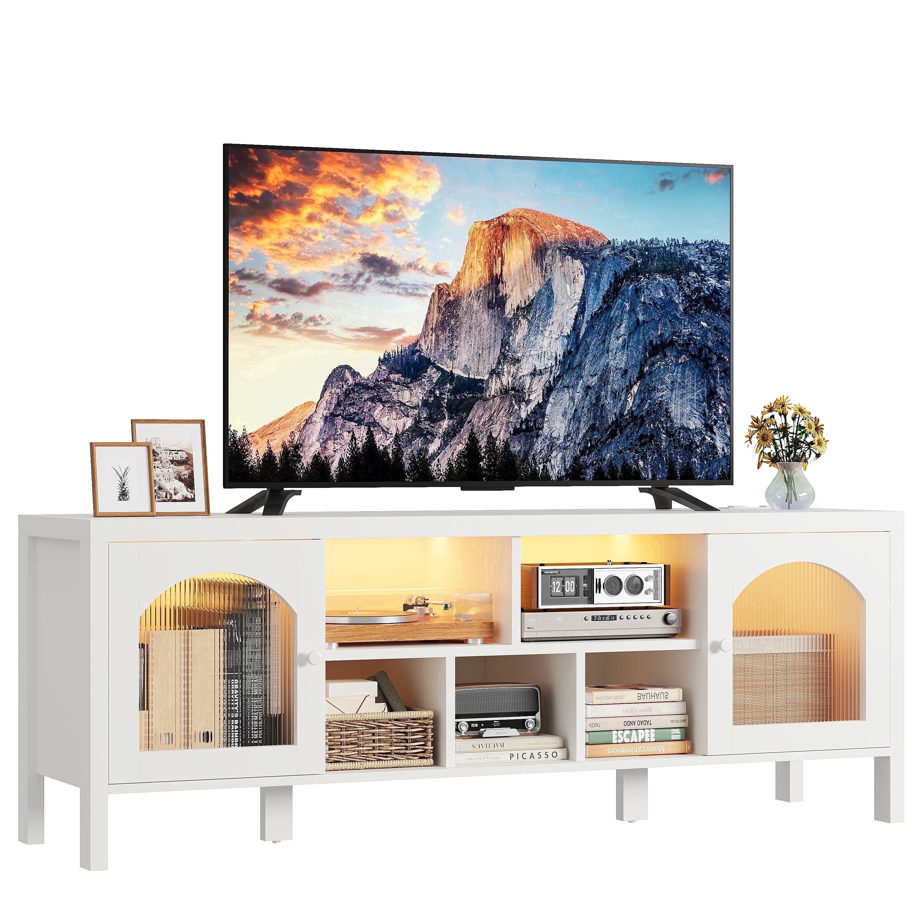 IRONCK LED TV Stand for TVs up to 65", Entertainment Center with Power Outlet and Storage Cabinet, 59-Inch