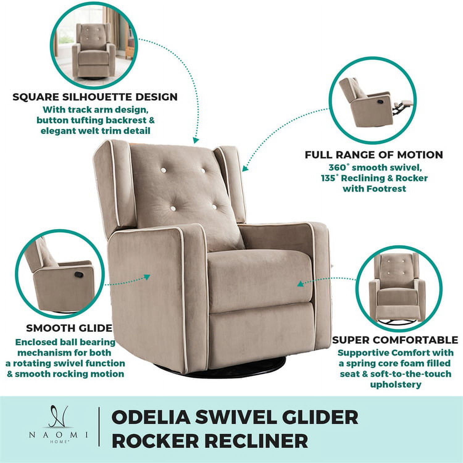 Odelia Solid Wood Microfiber Swivel Glider Rocker Recliner Chair, For Living Room, Bed Room Gray,Microfiber