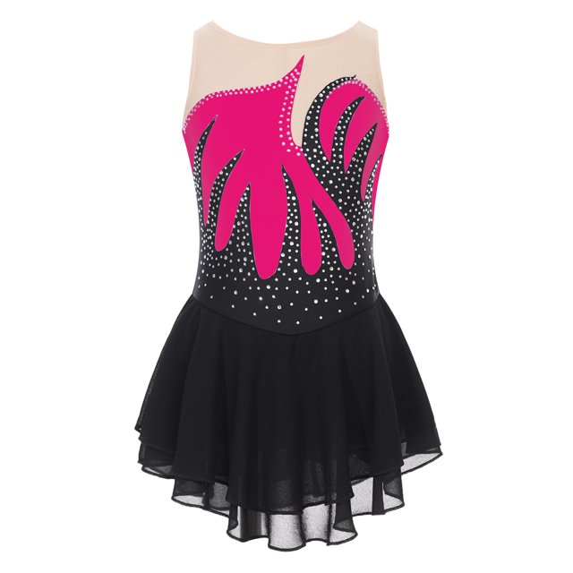 Jowowha Robe de Danse Patinage pour Filles Enfants Sans Manches en Maille Transparente Rose Vif 16