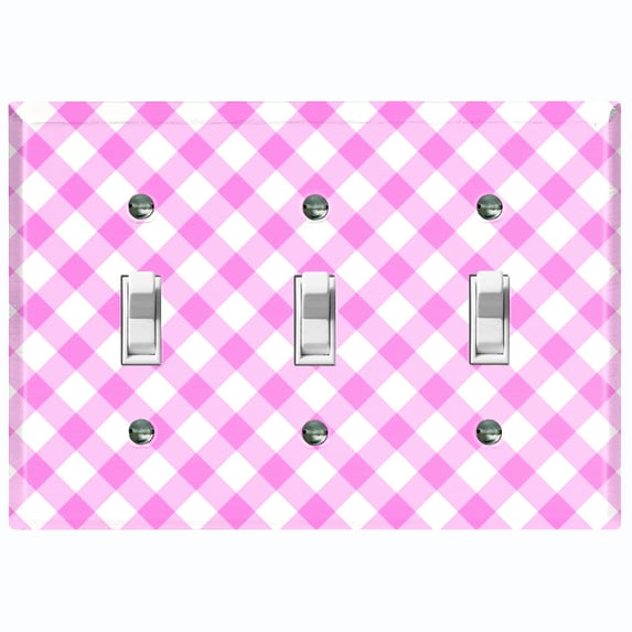 Metal Light Switch Wall Plate Outlet Cover (Pastel Pink Gingham Picnic Wallpaper- Triple Toggle)