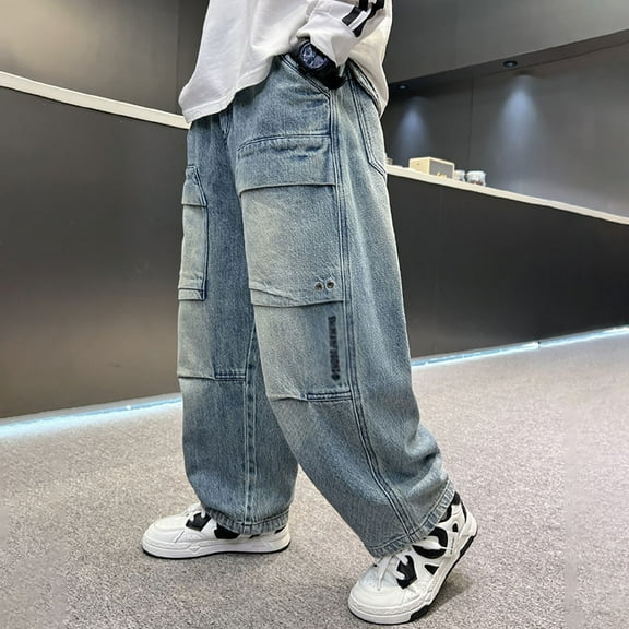 Kids Boys Baggy Jeans Baggy Cargo Pants High Elastic Waisted Straight with Pocket Classic Fit Casual 4-5 Years Boy Clothes