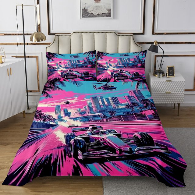 Erosebridal Speed Sports Coverlet Set Queen, Racing Car Bedding Set, Pink Purple 3 Pieces