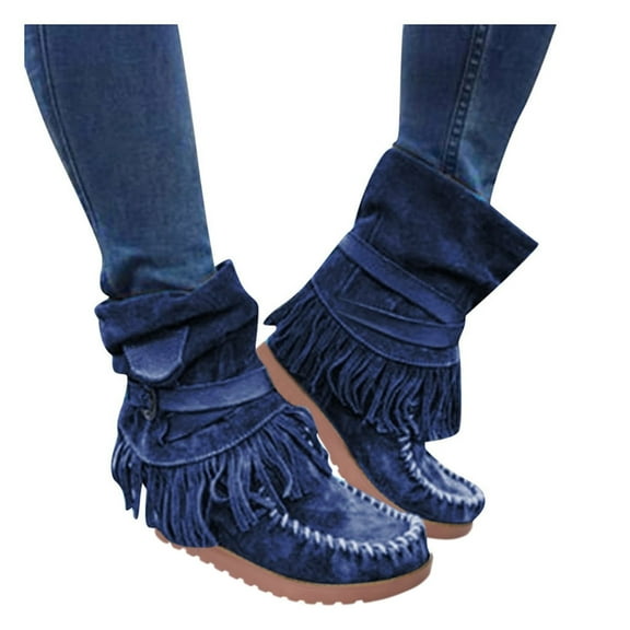 IUJSOY Ankle Boots for Women Casual Comfort Flats Round Toe Trendy Ankel Strap Tassel High Top Boots