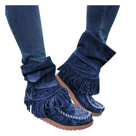 Oyedens Cowgirl Boots for Women Boho Tassel Slouch Mid Calf Boots Western Winter Cowboy Ankle Booties