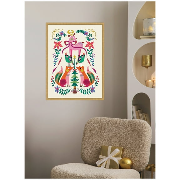 Kate and Laurel Framed Canvas Wall Art Print 'Winter Woodland Animals Christmas Tree' by Rachel Lee, 18 x 24 Sylvie Bright Gold Frame, Whimsical, Animal Art for Wall Decor