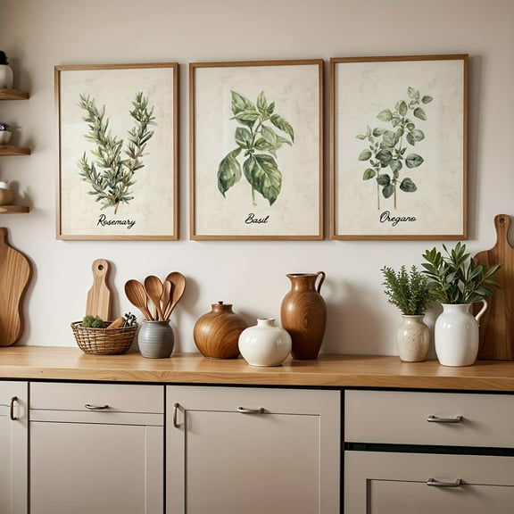 Set of 3 Kitchen Vintage Print, Antique Beige Kitchen Wall Art, Rustic Watercolor Botanical Herb Decor, Modern Cottagecore Farmhouse Posters, No Frame