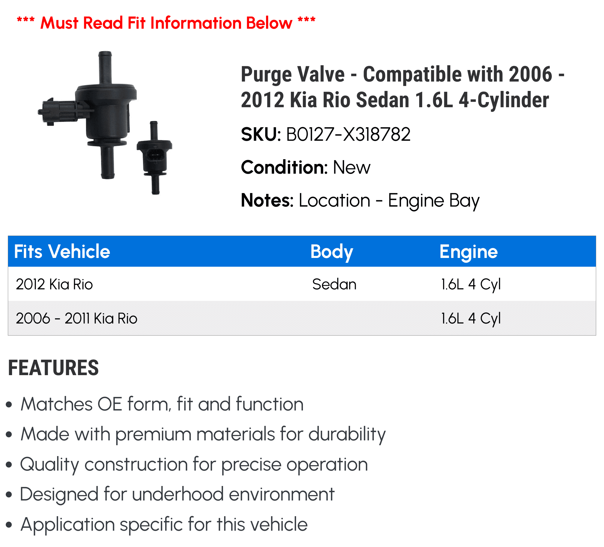 Purge Valve - Compatible with 2006 - 2012 Kia Rio Sedan 1.6L 4-Cylinder 2007 2008 2009 2010 2011