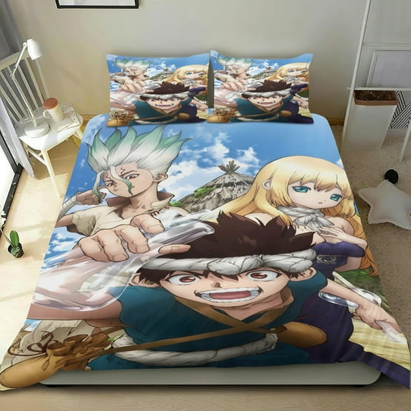 Dr.STONE Bed Comforter Set 3 Pieces has an iconic print,One duvet cover(68" x 86") and two pillowcases.