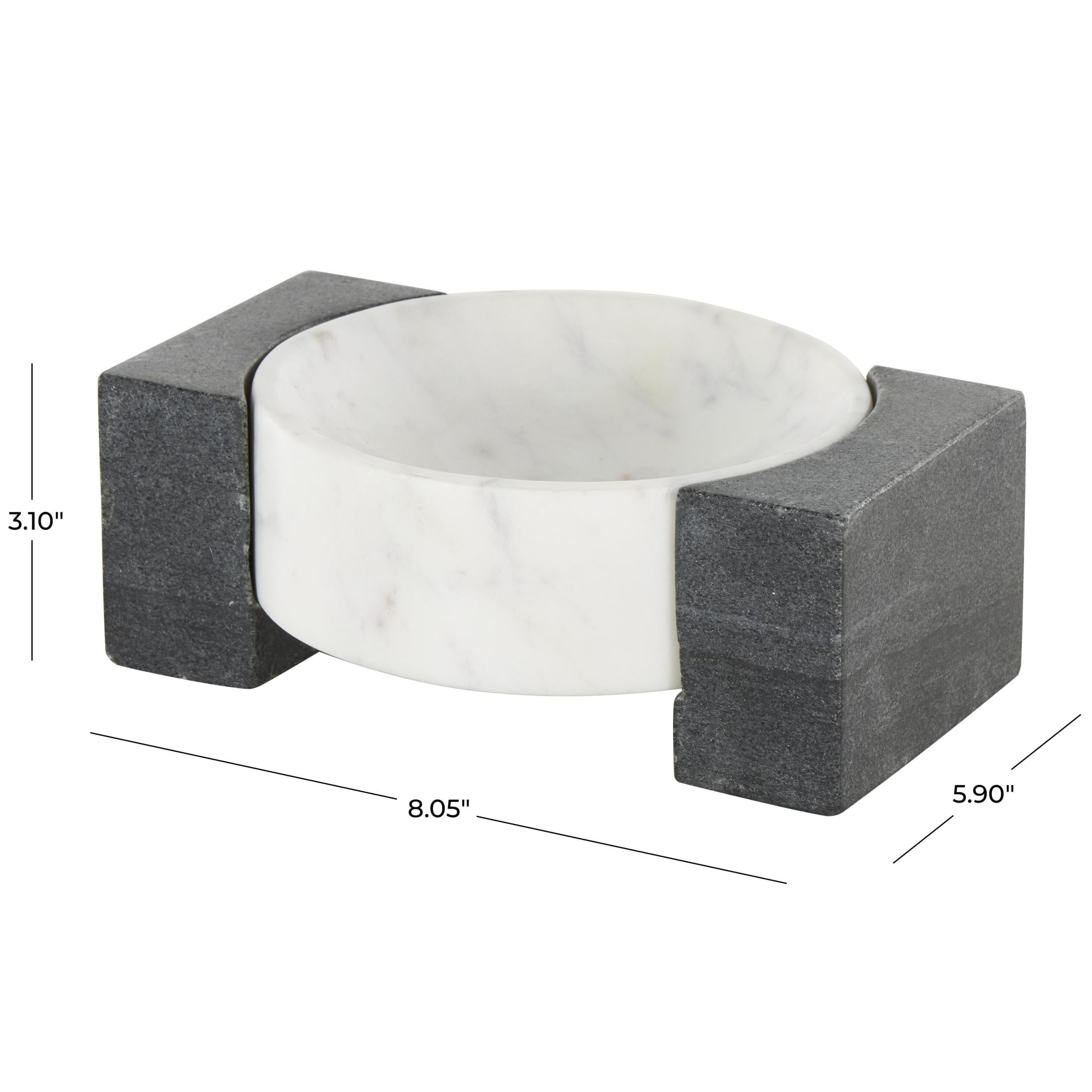 DecMode 8" x 6" White Marble Round Geometric Tray with Black Rectangular Blocks, 1-Piece