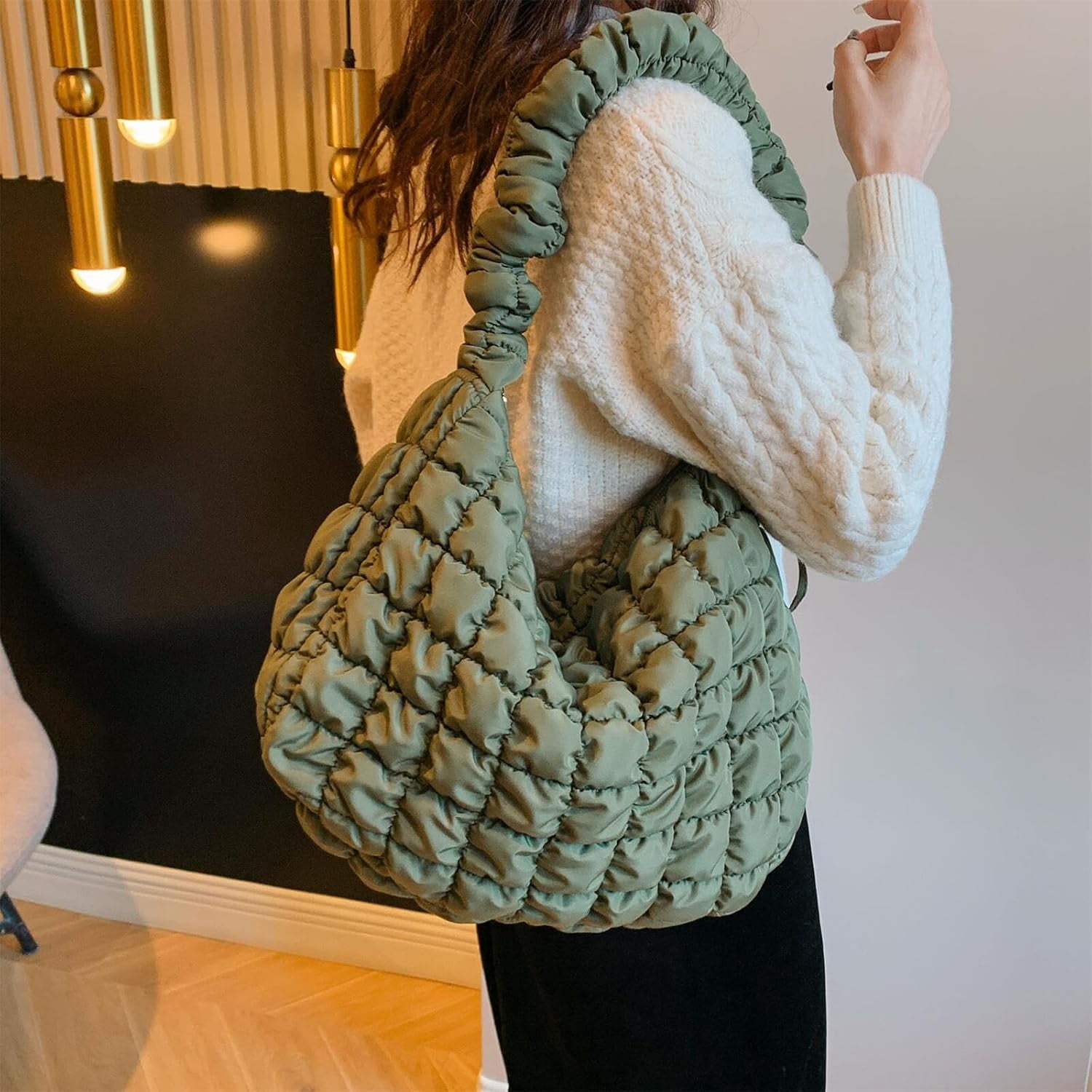 CoCoMangos Cotton Padded Shoulder Crossbody Bag for Women Large Hobos Quilted Handbag and Purses Lightweight Adjustable Shoulder Strap