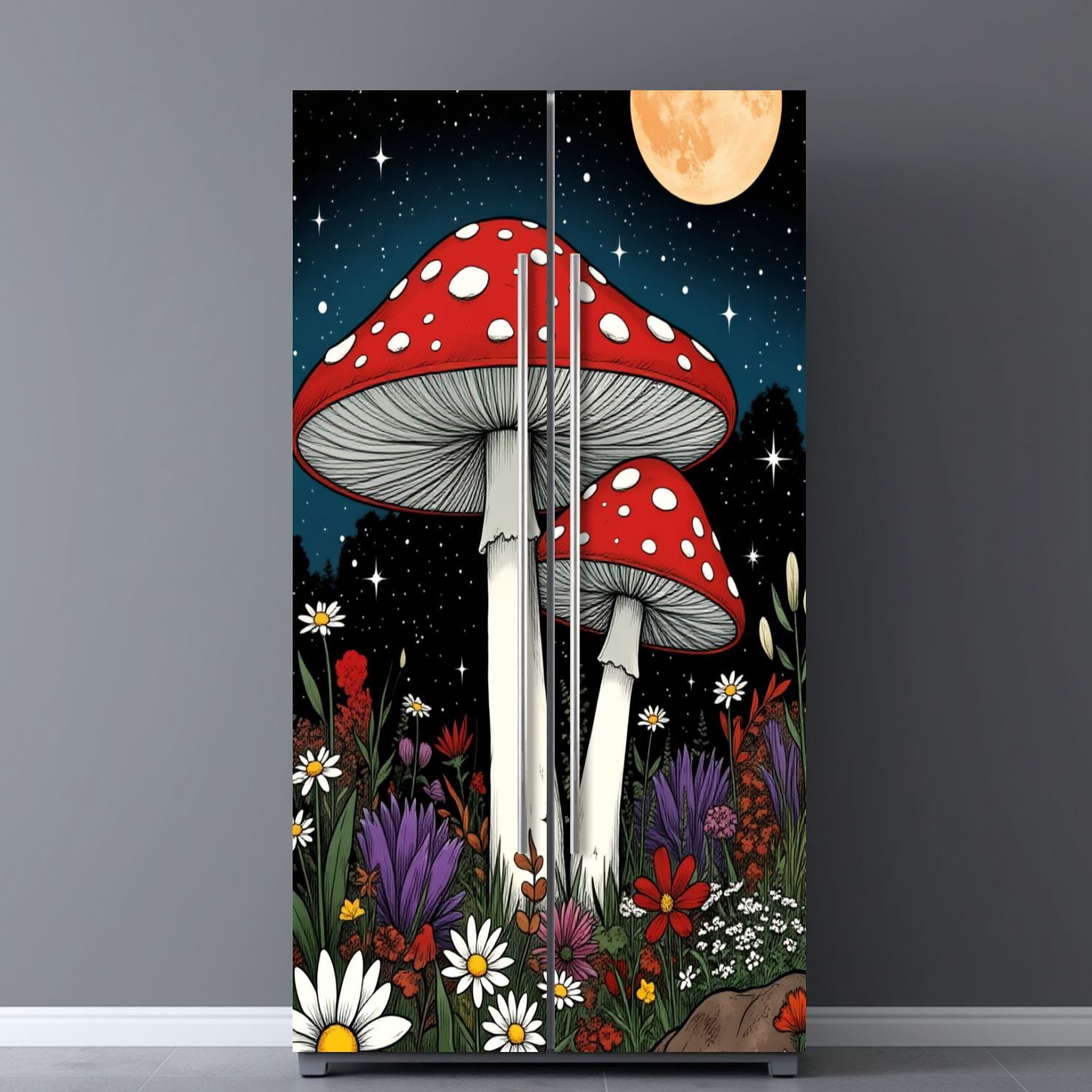 Self Adhesive Vinyl Refrigerator Wrap Set Whimsical Red Toadstool Mushrooms Colorful Botanical Door Mural Removable Fridge Sticker Peel and Stick&nbsp;Full Door Cover Decal Kitchen Bar Decor