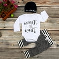 thumbnail image 4 of Baby 3PCS Outfit Set Long Sleeve Letter Romper Long Straps Pants Beanie Hat, 4 of 9