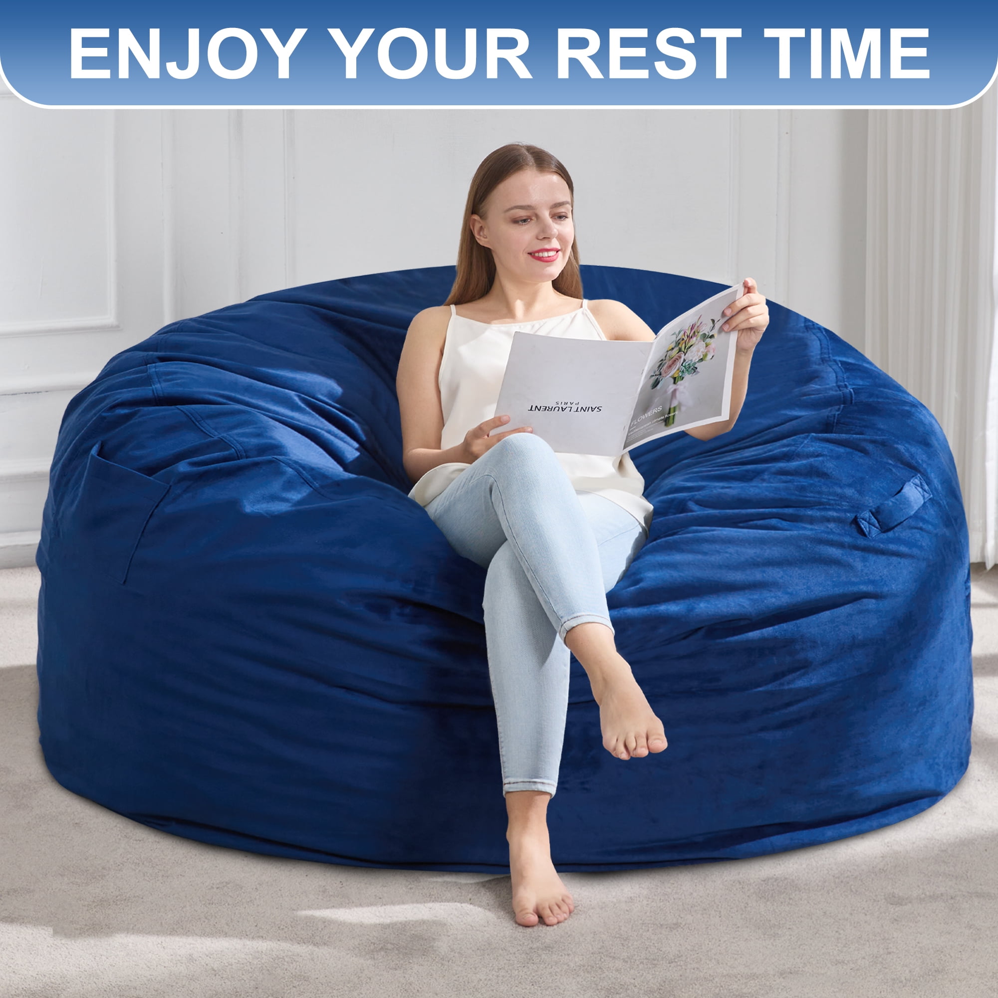 5FT Bean Bag Chair Bean Bag Chairs for Adults Giant Bean Chairs with Velvet Cover, Memory Foam BeanBag Chair Large Bean Bag Chairs for Adults for Living Room, Bedroom - Blue (50" x 50" x 24")