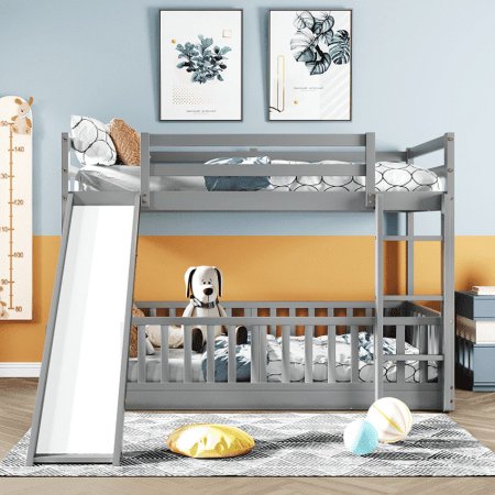 Twin Over Twin Floor Bunk Bed with Fence and Safety Guardrail  Wood Low Beds Frame with Convertible Slide and Built-in Ladder for Kids Teens Boys Girls  No Box Spring Needed