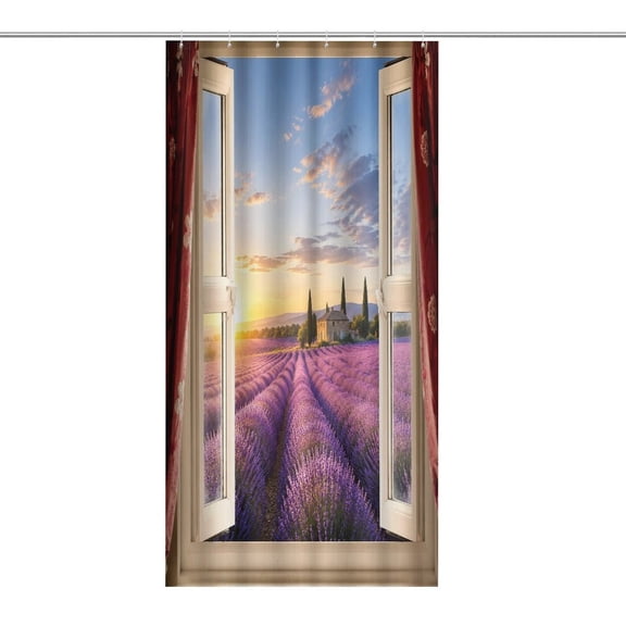 RKSupls Waterproof Shower Curtain, Window View Lavender Field Sunset Polyester Shower Curtain with Hooks for Chic Elegant Home Bathtub Bathroom Decor Washable