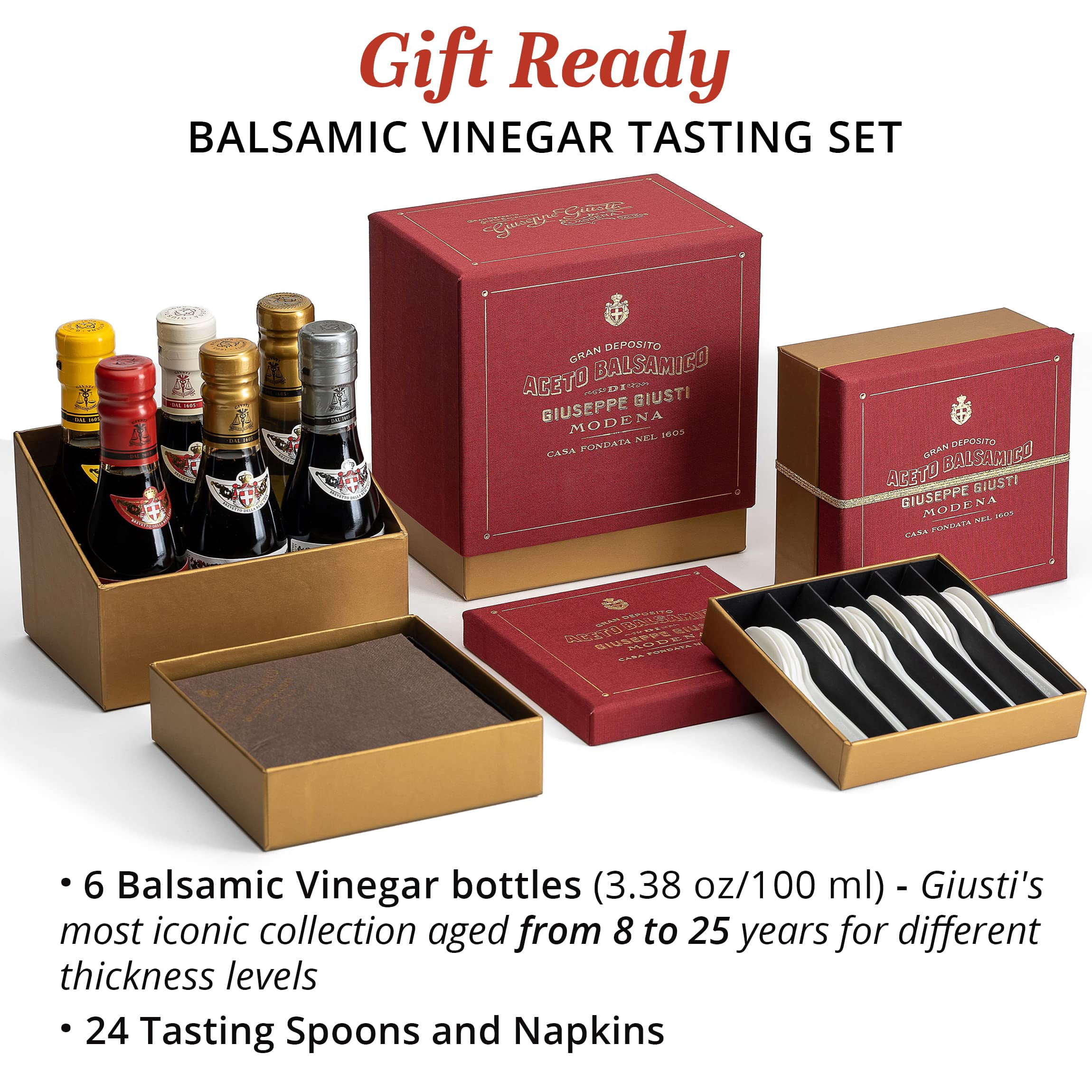 Giusti - Tasting Set - Balsamic Vinegar of Modena Historical Collection and White Condiment - Includes Spoons and Napkins - 6x 100ml