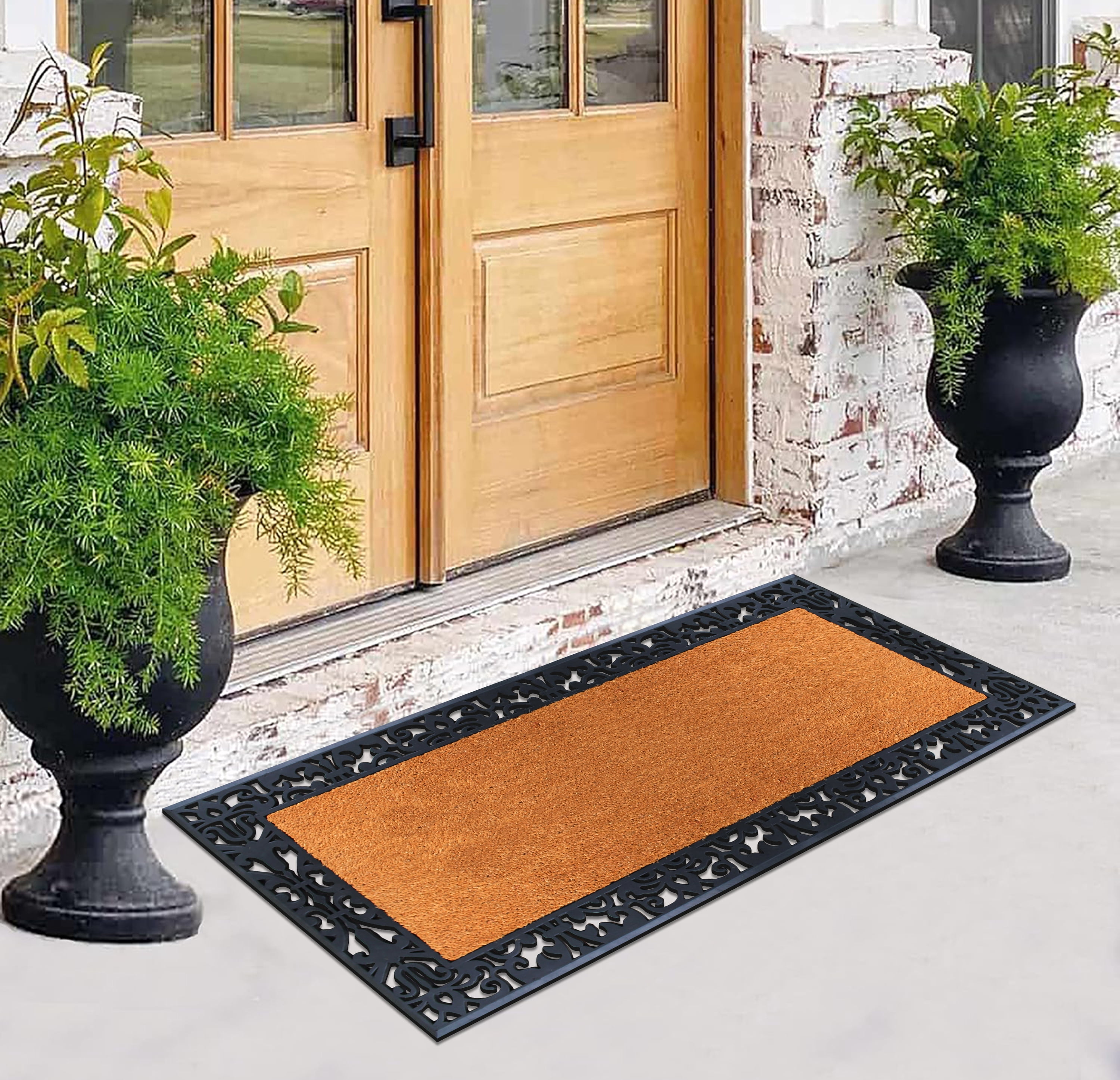 A1HC Natural Coir And Rubber Large Doormat, Outdoor Entrance, Paisley Border, 30x60 Inches, Black