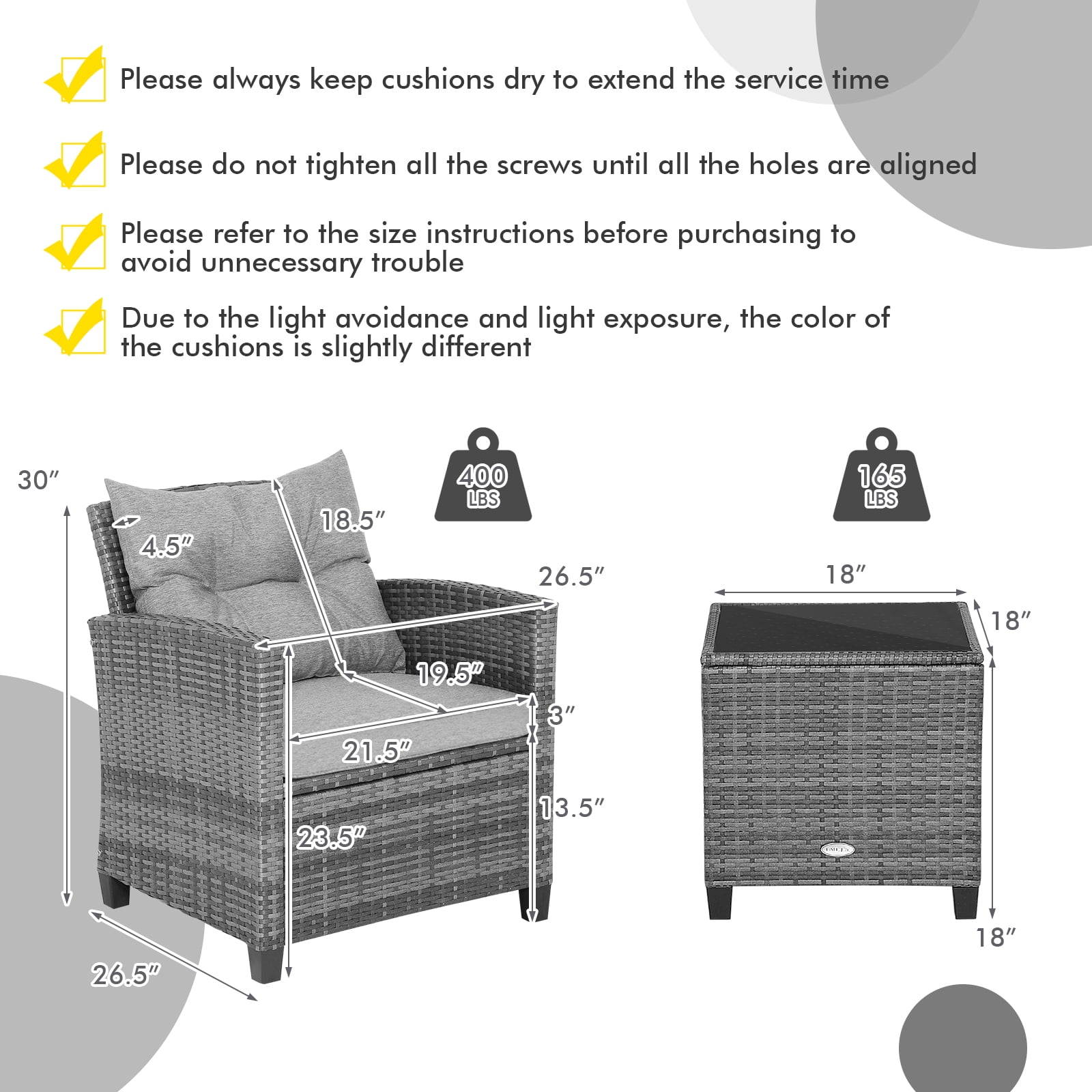 Costway 3PCS Patio Rattan Furniture Bistro Set  Cushioned Sofas Side Table Armrest Grey