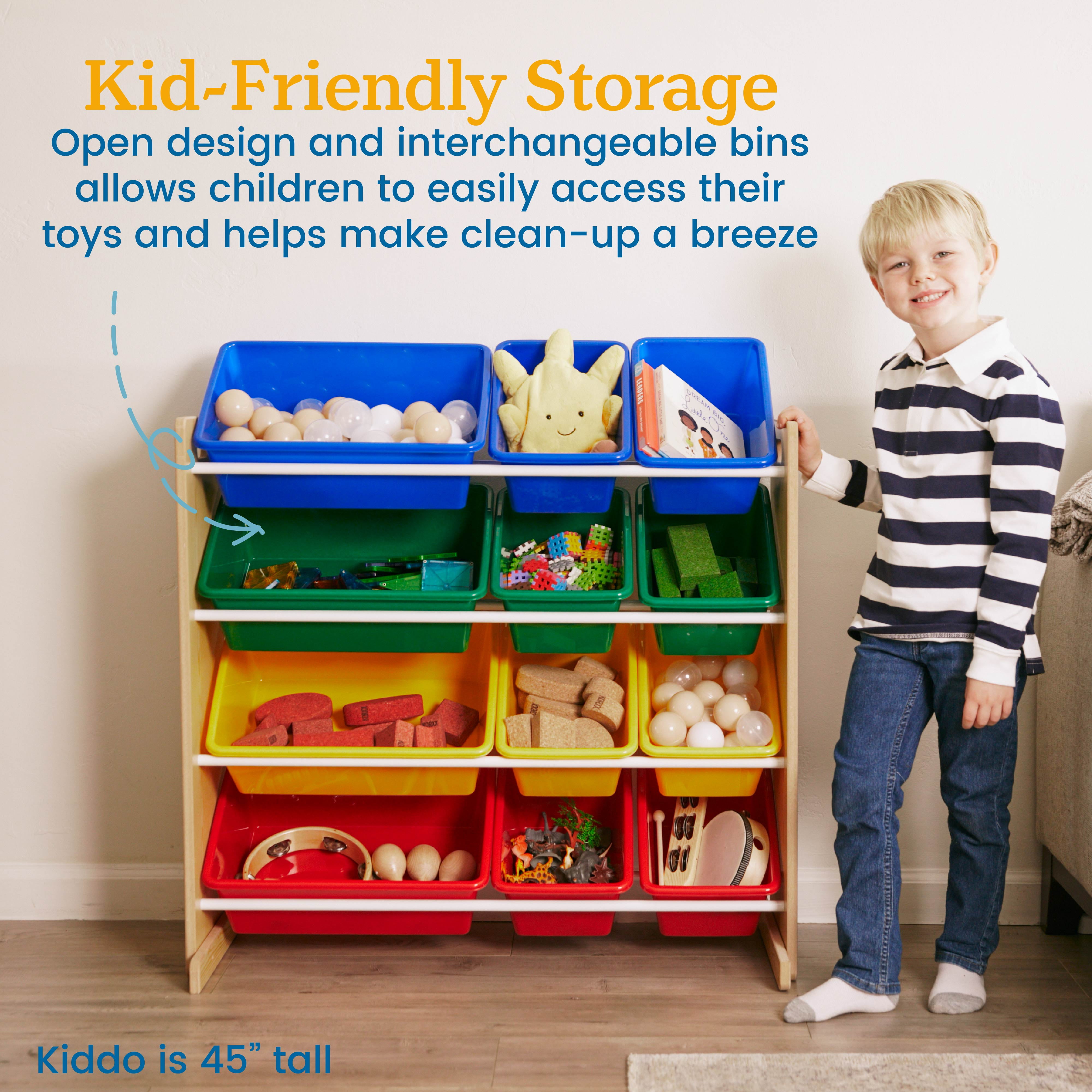 ECR4Kids 4-Tier Organizer with 12 Removable Plastic Bins, 4x3, Toy Storage, Natural/Primary