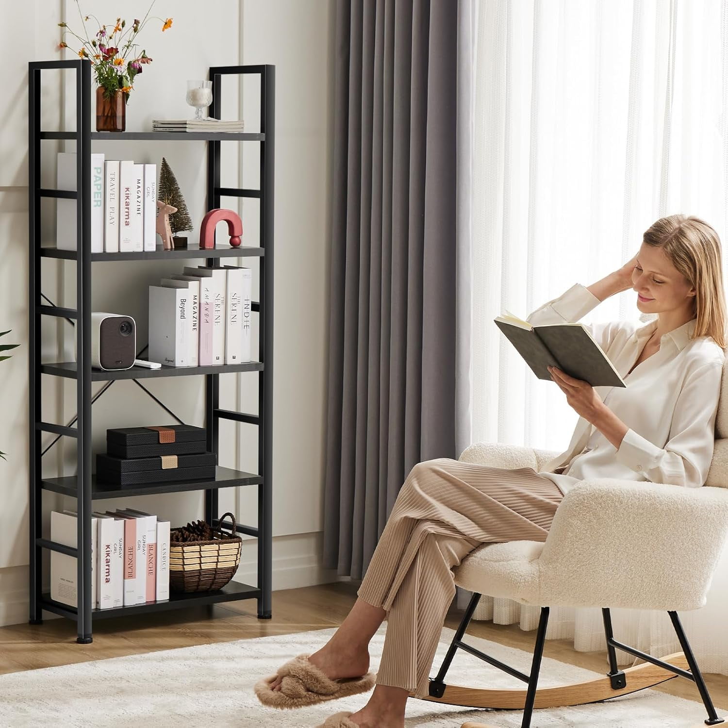 5 Tier Wooden Bookshelf Storage Shelves Organizer Retro Bookshelf Plant Display Shelf for Living Room Home Office Balcony - Black