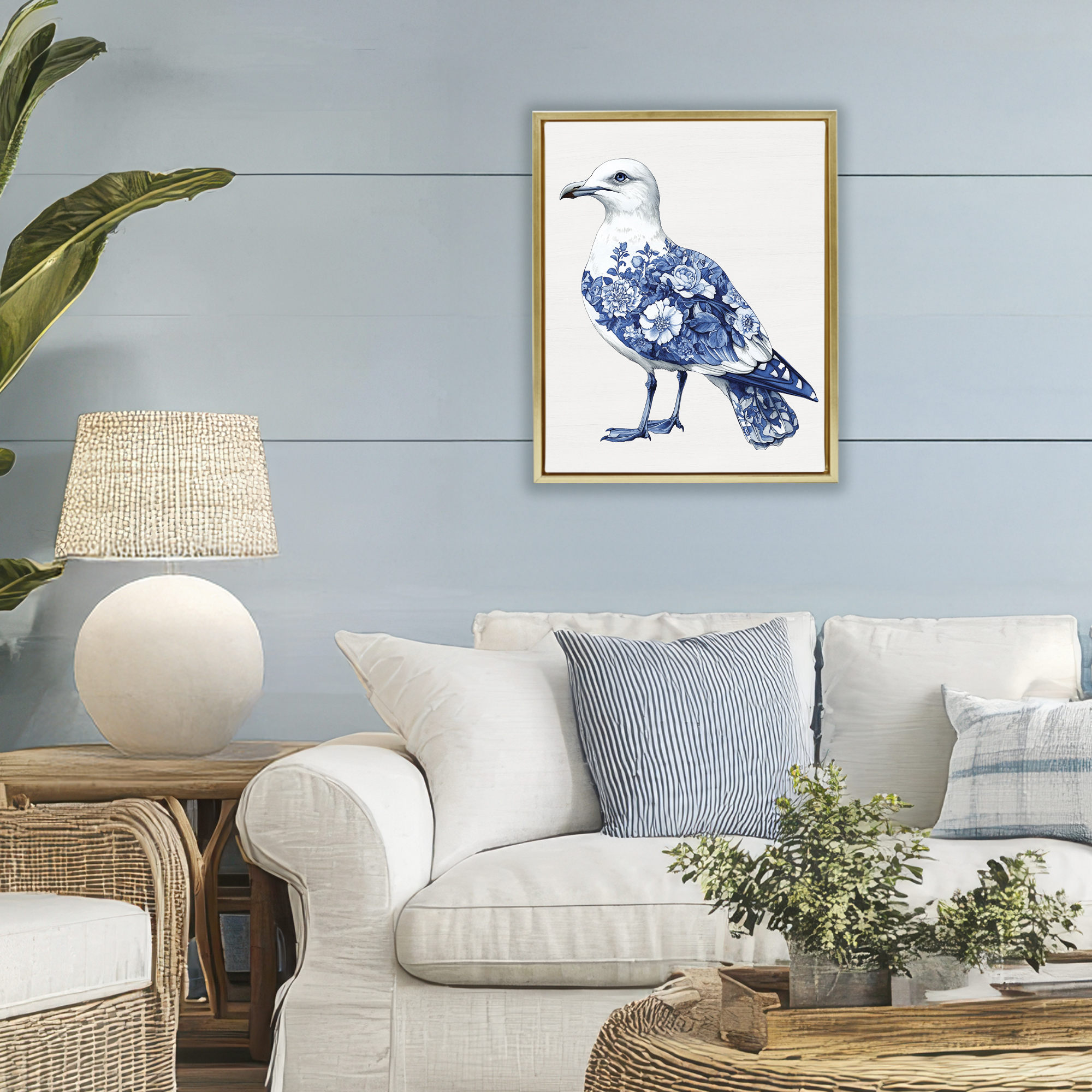 Funky Toile Seagull Gold Framed Floater Canvas Wall Art, design by Lettered and Lined