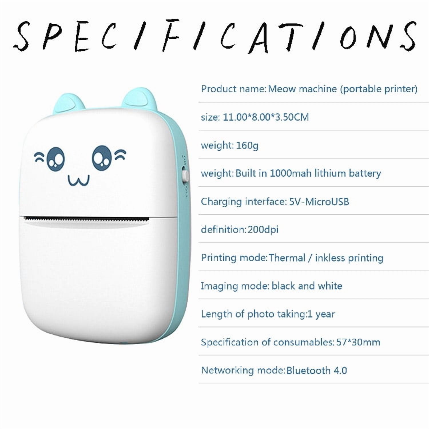 Portable Thermal Printer Wireless Printing Paper Photo Inkless Printer APP controlled Lable Printer, 57mm