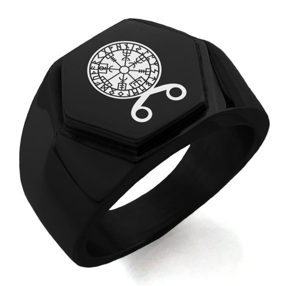 Stainless Steel Binding Vegvisir Troll Cross Runic Viking Engraved Hexagon Crest Flat Top Biker Style Polished Ring