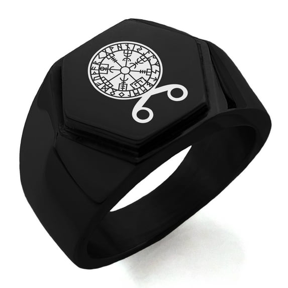 Stainless Steel Binding Vegvisir Troll Cross Runic Viking Engraved Hexagon Crest Flat Top Biker Style Polished Ring